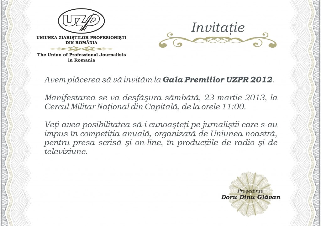 Invitatie Premiile UZPR 2012 - Basarabia Bucovina Info - Roncea - Ziaristi Online